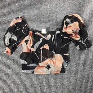 Jacaranda Mesh Floral Crop Top Black Peach Puff Sleeve Tie Back JT3625A Small